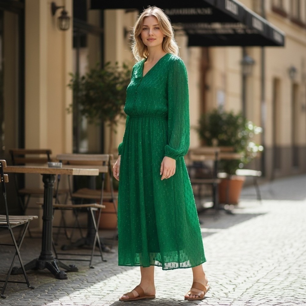 Anthropologie Maxi Dress Womens XL Green Gold Metallic Striped Long Sleeve